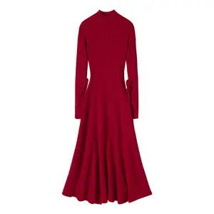 Damen Rib Bodycon Strick Rundhals ausschnitt Herbst Strickkleid ung O-Ausschnitt Lange Ärmel Hohe Taille Solide Slim Fit Long Flare Sweater Kleid