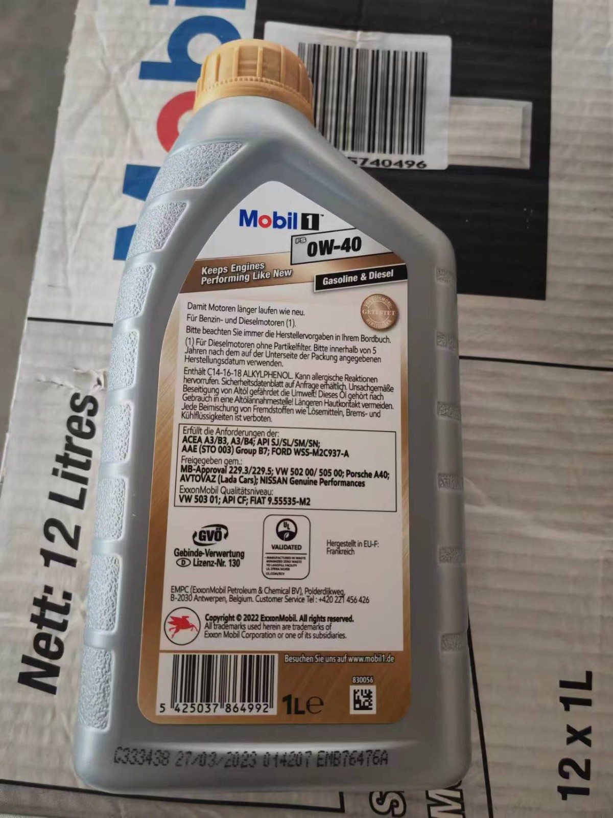 Genuine Mobil 1 Gold FS 0W-40 Full Synthetic Oil 1 Liter, API SM/SN, 12 Bottles Per Carton, for Mercedes/BMW/VW Oil Parts Image 3