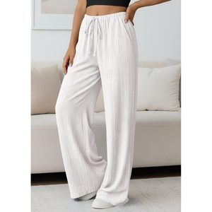 Pantalon palazzo pour femme, taille haute, jambes larges, cordon de serrage, fluide, pantalon de plage avec poches, tissu crêpe, respirant, style décontracté - Product Image 4