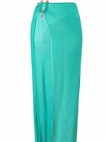 Ensemble bikini 3 pièces turquoise personnalisé pour femme, haut triangle, dos ouvert, longue jupe maxi, accent métallique en U, maillot de bain de carnaval 2026