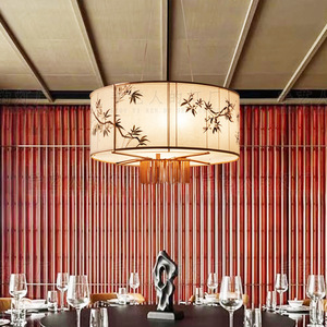 Lustre en tissu de style chinois, rond, doré, E27 LED, protection des yeux, pour restaurant, hôtel, salle de banquet - Product Image 4