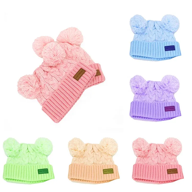 Gorro de Jacquard para niñas y niños, gorro de invierno de punto, forro acogedor para niños pequeños, Sombreros con orejas de pompón doble, Toques Unisex al por mayor