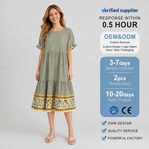 Vestido Midi Boho Verde Salvia para Mujer, Mezcla de Lino, Estampado Floral, Manga con Volantes, Estilo Casual - Product Image 4