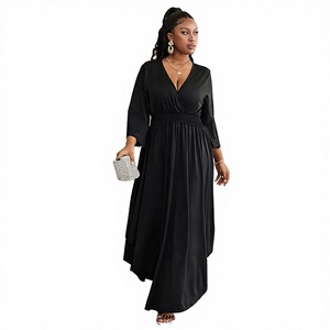 Elegant Plus Size Black Maxi Dress V-neck <b>Three</b> Quarter Sleeve A-line Asymmetrical Hem Wrap Tie Party Wear - Product Image 2