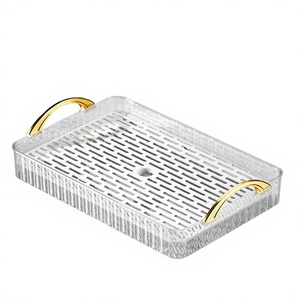 Plateau de service rectangulaire en plastique transparent avec poignées dorées, multifonctionnel pour le rangement des tasses, idéal pour le café, le thé et les réceptions - Product Image 2
