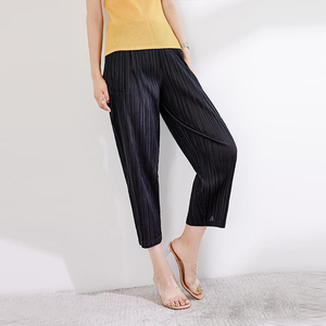 Color sólido elástico cintura alta Chiffon plisado pantalones <span class=keywords><strong>amazon</strong></span> mujeres sueltas nueve Pantalones - Product Image 5