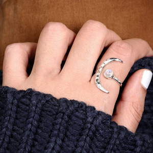 Adjustable <b>Open</b> Moon Moonstone Look Texture <b>Ring</b> for Women Vintage Daily Wear Accessories - Product Image 3