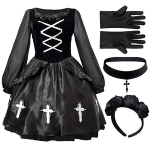 Costume da Donna Gotico, Abito Nero con Stampa a Croce, Corpetto con Lacci, Maniche Trasparenti, per Halloween e Spettacoli Teatrali - Product Image 1