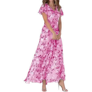 Nouvelle Robe Longue d'Été en Mousseline Florale à Manches Courtes, Style Simple et Doux, Col en V à Volants, Tendance, Taille Cintrée, Fluide - Product Image 2