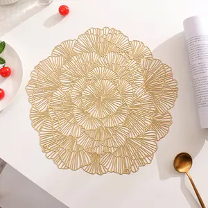 Gold Round Place Mats Set Hollow Out Flower Shaped Table Mat Pressed Vinyl Wedding Placemat