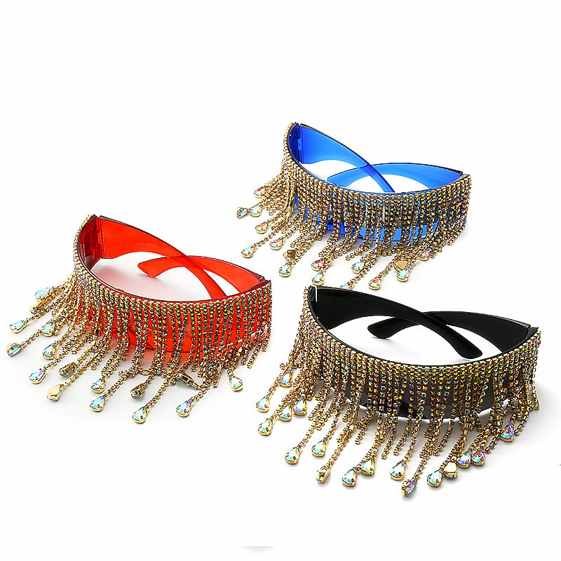 New Arrival 2021 Luxury Fashion Punk Oversized Sunglasses Women Tassel Crystal Diamond Sunglasses