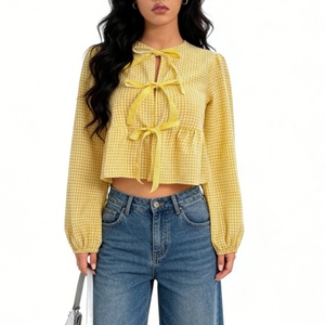 Chemisier Peplum à Nœud Imprimé Carreaux Vichy pour Femme - Haut Décontracté à Manches Longues et Ourlet Volanté Tendance - Product Image 2