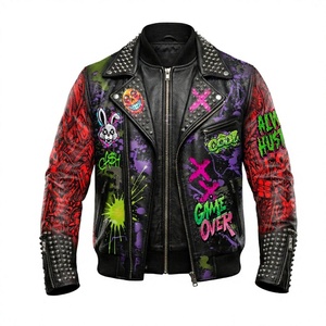 Chaqueta de Motociclista de Cuero Estilo Punk para Hombre con Estampado de Grafiti, Decoración de Remaches, Cierre de Cremallera, Cuello Camisero, para Otoño - Product Image 1