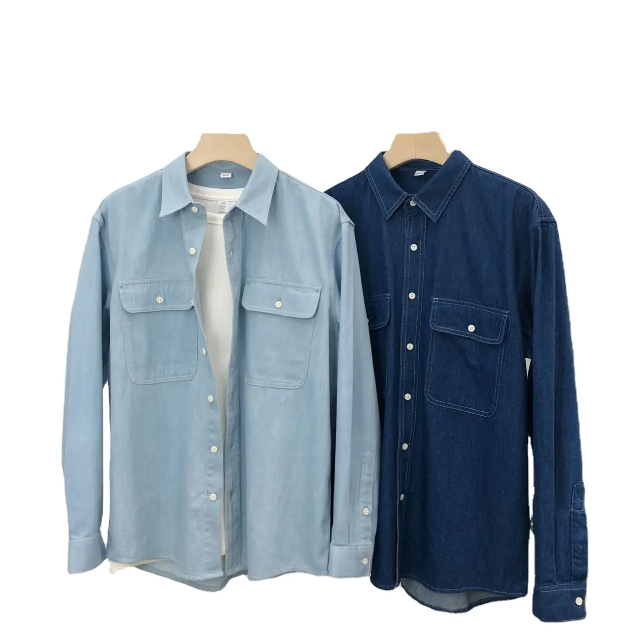 NengMeng Camisa jeans solta para homens, camisa japonesa pesada de cor vintage, linha de bolso duplo, com ferramentas e bolsos