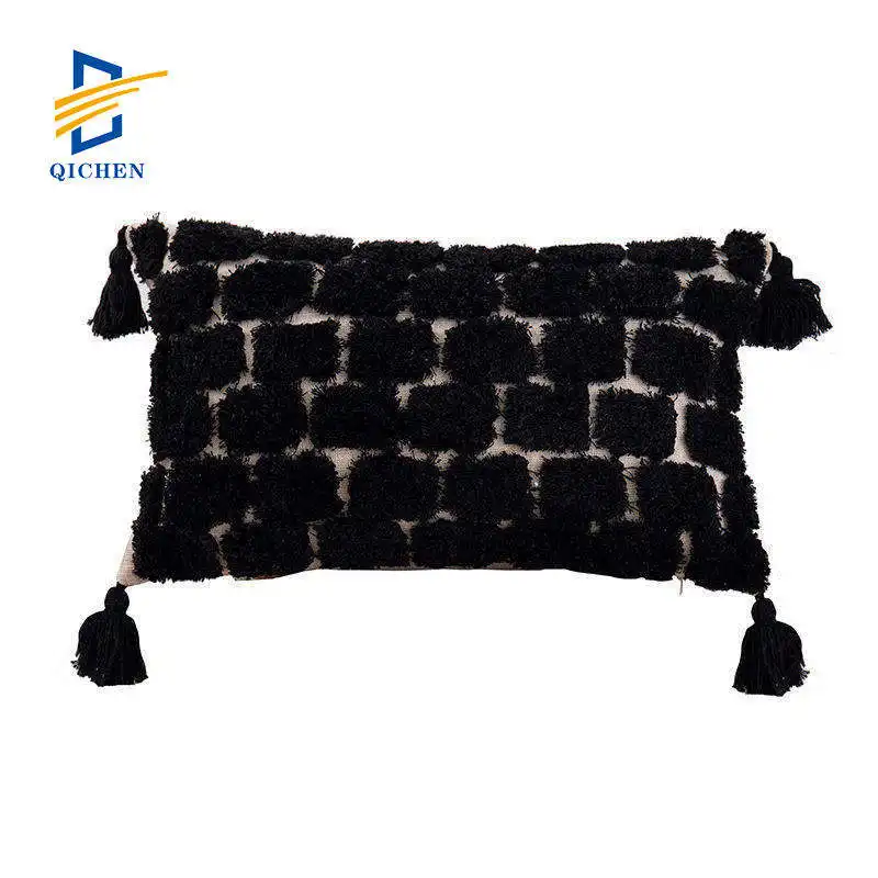 Innermor keten bakmak taban püskül doğal görünümlü fildişi siyah renk atmak yastık kılıfı dekoratif üst satış minder örtüsü 30x50cm