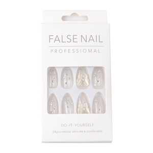 Faux ongles press-on de luxe brillants coréens blancs papillon 24 pièces longueur moyenne amande 3D ongles artificiels de créateur en vrac - Product Image 3