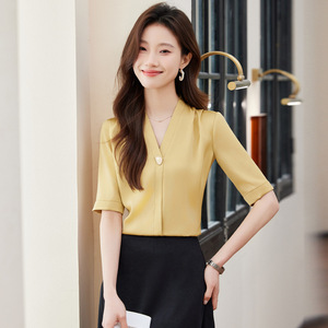 Women's Chiffon Short Sleeve Blouse Solid Color V Neck Office Shirt Polyester Fabric Sheer Layer Design - Product Image 1