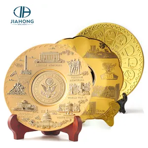 Wholesale 3d Metal Plate Factory Custom Engraved Craft Souvenir Plate Embossed Stand Gold Country Souvenir Plate