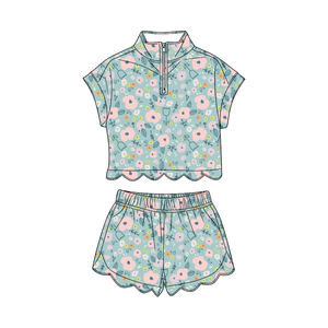 Ensemble décontracté à manches courtes et ourlet festonné pour petites filles, imprimé fleurs, avec fermeture éclair, vente en gros pour enfants, modèle GSSO3572 - Product Image 2