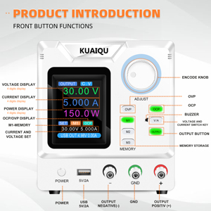 مزود طاقة مختبري KUAIQU SPPS-D305S بجهد 12 فولت و24 فولت و30 فولت وتيار 5 أمبير مع مخرج USB وشاشة عرض وحماية من التيار الزائد والجهد الزائد لاختبار البطاريات العالمية - Product Image 3