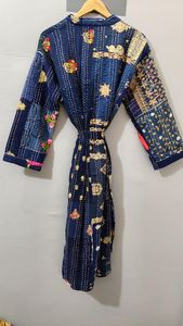 <b>Women</b> Full Length Embroidered Patchwork Quilted <b>Kimono</b> Robe Three Quarter Sleeve V-neck Soft Woven Vintage Style Autumn Wear - Product Image 2