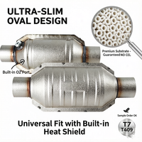 Convertidor Catalítico Ovalado Universal con Protector Térmico, Entrada de 2.5" y 2.25", Alto Flujo, 400 Celdas, Acero Inoxidable, Compatible con la Serie 410250