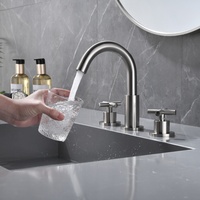 Mitigeur de lavabo en nickel brossé à montage séparé, bec courbé, double poignée croisée, bases cylindriques, pour projet de salle de bain