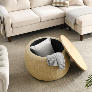 Round <b>Storage</b> Ottoman 25.5 In Diameter Natural Wood Top With Woven Base Coffee Table And <b>Seat</b> - Product Image 5