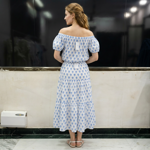 Robe mi-longue à imprimé floral aux épaules, manches bouffantes, asymétrique, décontractée, d'été, respirante, en coton tissé, naturelle et écologique - Product Image 1