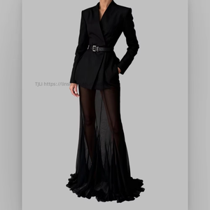 Ensemble 2 pièces pour femmes, haut en satin à manches longues et jupe en maille extensible ample, tendance - Product Image 1
