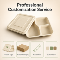 Assiette carrée jetable écologique à 3 compartiments en pulpe de bagasse, 100 % compostable, résistante à l'huile, avec couvercle, pour plats à emporter