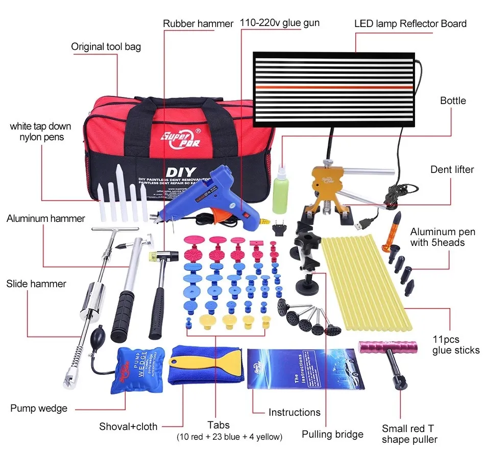 Kit de reparación de abolladuras para coche, Kit de herramientas de eliminación de abolladuras sin pintura corporal, PDR, Super PDR, 56 Uds., 98%