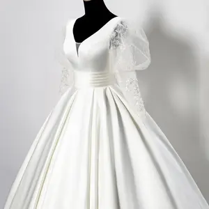 Personnalisé V profond robe de mariée longue train 2022 automne et hiver nouvelle princesse dentelle blanche satin robe de bal robe de mariée