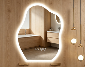 Smart <b>Mirror</b> With <b>LED</b> Lighting Irregular Shape Wall Mounted Touch Control Wooden Frame Minimalist Design Bathroom Use - Product Image 1