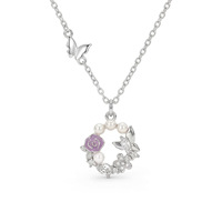 Kalung Mutiara Air Tawar Berlapis Emas Perak 925 Sterling dengan Hiasan Bunga Mawar dan Kupu-kupu untuk Wanita, Pertunangan, Pernikahan, Romantis