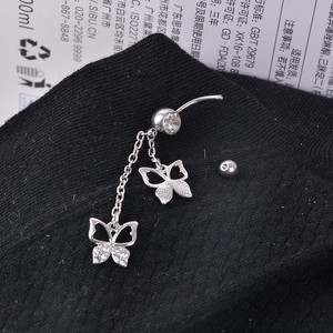 Bague de nombril CRYSPURE en acier inoxydable plaqué or 14g avec pendentif papillon et fleur, bijoux de piercing pour femme avec zircon, vente en gros OEM - Product Image 2