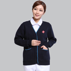 เสื้อคาร์ดิแกนไหมพรมสีน้ำเงินเข้มสำหรับผู้หญิง แต่งขอบสีตัดกัน ผ้าไม่เป็นขุย เหมาะสำหรับพยาบาลและแพทย์ - Product Image 1