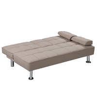 Canapé-lit convertible en lin beige, avec porte-gobelets et dossier réglable, idéal pour les petits appartements et les chambres d'hôtes, certifié BSCI