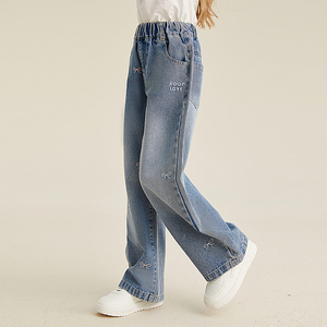 Jeans a Gamba Larga con Elastico in Vita e Ricamo a Fiocco per Ragazze - Pantaloni in Denim Casual e Comodi per Bambine - Product Image 4