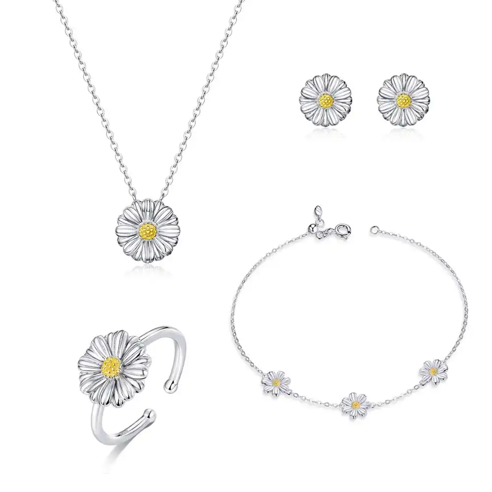 925 Sterling Silber Blume Gänseblümchen Ring Ohrringe Armband Halskette kompletten Set Schmuck für Frauen