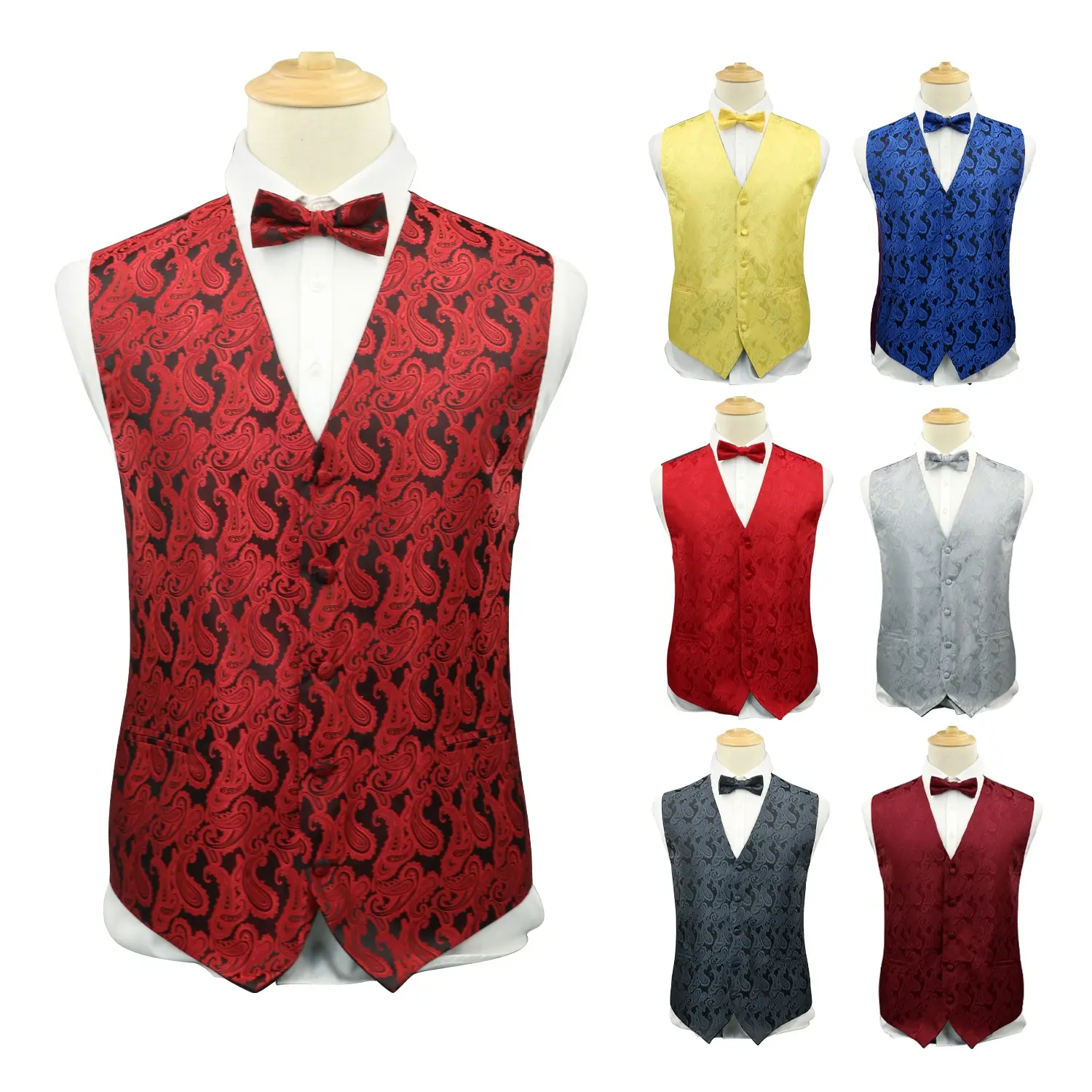 Ready to Ship High Quality Men's Vest Bow Tie Set Paisley Floral Jacquard Bowtie Formal Waistcoat for Suit or Tuxedo