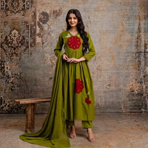 Elegant Mehendi Green Mul Cotton Anarkali <b>Kurta</b> Pant Dupatta Set with Red Floral Applique for <b>Women</b> Ethnic Occasion Wear - Product Image 1