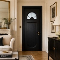 Puerta de Madera Sólida Pintada en Negro Estilo Francés, Puerta Interior de Madera Retro con Acabado Tallado Personalizado para Villa