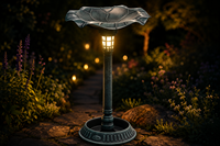 Estación de Baño para Pájaros Solar Tres en Uno con Comedero Pintado, Jardinera Inferior, Luz LED y Decoración de Jardín Exterior Resistente a la Intemperie