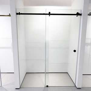 Porte de <span class=keywords><strong>douche</strong></span> coulissante moderne en verre sans cadre, en acier inoxydable brossé, avec un pan fixe et un pan mobile, étanche - Product Image 1