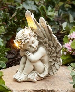 Садовая статуя ангела херувима на солнечной батарее с крыльями для сна, уличное украшение - Product Image 5