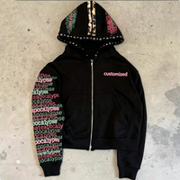 Sweat à capuche zippé noir uni personnalisé en coton épais unisexe, style vintage délavé, streetwear tendance pour homme
