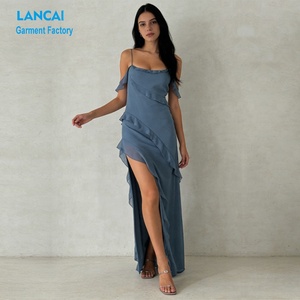 Fabricante de Ropa <span class=keywords><strong>a</strong></span> Medida, Vestido Largo de Gasa con Volantes, Elegante, Veraniego, para <span class=keywords><strong>Mujer</strong></span>, de Alta Calidad - Product Image 4