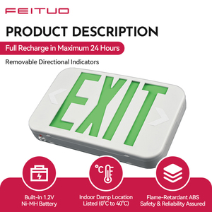 Panneau de signalisation de <span class=keywords><strong>sortie</strong></span> LED double face avec batterie de secours, lettres rouges et vertes, pour immeubles de bureaux, fabriqué par FEITUO au Vietnam - Product Image 3