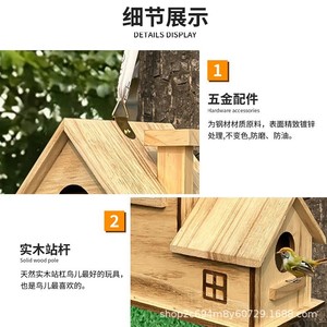 Casa para Pájaros de Madera Sólida para Exteriores, Estilo Villa, Nido Colgante para Aves, Acabado Natural, Tamaño Pequeño - Product Image 3